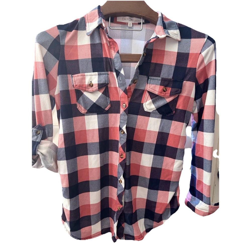 Eden & Olivia Womens Top‎ Shirt Large Maternity Multicolored Plaid Long Sleeves